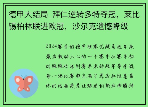 德甲大结局_拜仁逆转多特夺冠，莱比锡柏林联进欧冠，沙尔克遗憾降级