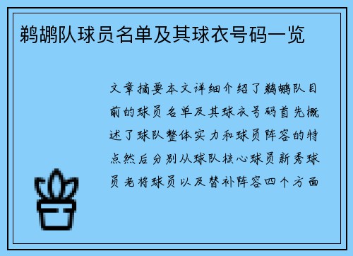 鹈鹕队球员名单及其球衣号码一览